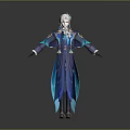 Elegant White Haired Fantasy Game Character In Blue Robe With Golden Details And Flowing Design