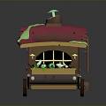 Colorful Cartoon Style Mobile Cart With Red Roof Windows Green Plants And Wheels
