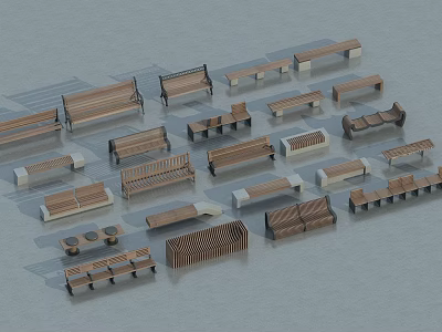 Various Wooden Outdoor Chairs With Different Designs Including Benches And Single Seats 3d model