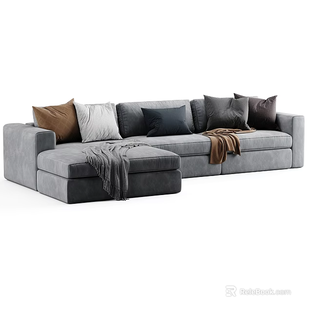 Gray Sectional Sofa with Multiple Colored Cushions and Throw Blankets Modern Living Room 3d model