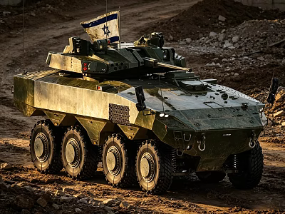Israeli Wheeled Tank With Flag On Muddy Road And Rocky Terrain 3d model