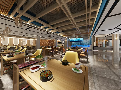 Modern Hotpot Restaurant Interior With Dining Tables Yellow Chairs And Hotpot Dishes 3d model