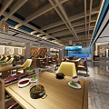 Modern Hotpot Restaurant Interior With Dining Tables Yellow Chairs And Hotpot Dishes