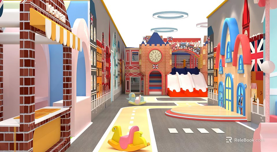 Colorful Children's Playground with Castle Shaped Slide Street Scene Buildings Yellow Toy Cars and Arches 3d model 