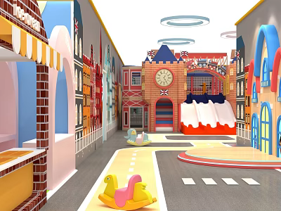 Colorful Children's Playground with Castle Shaped Slide Street Scene Buildings Yellow Toy Cars and Arches 3d model