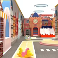 Colorful Children's Playground with Castle Shaped Slide Street Scene Buildings Yellow Toy Cars and Arches