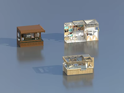 Three Diverse Small Shop Stall Models With Traditional Roof And Modern Glass Design Features 3d model