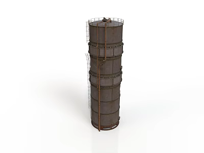 Rusty Cylindrical Metal Container With Multiple Circular Reinforcing Bands And Side Ladder 3d model