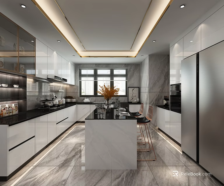Modern Kitchen Interior With White Cabinets Marble Island Black Countertop And Stainless Steel Refrigerator 3d model 
