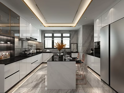 Modern Kitchen Interior With White Cabinets Marble Island Black Countertop And Stainless Steel Refrigerator 3d model