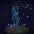 Blue Skinned Long Eared Humanoid With Braided Hair Interacting With Bioluminescent Sprite Like Creatures