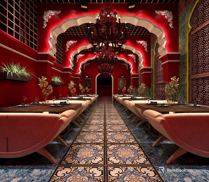 Elegant Restaurant Interior With Red Walls Arched Ceilings Long Tables Red Sofa Seats And Chandelier 3d model 