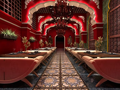 Elegant Restaurant Interior With Red Walls Arched Ceilings Long Tables Red Sofa Seats And Chandelier 3d model