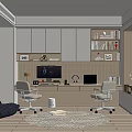 Modern Study Room Interior With Wooden Desk Office Chairs Bookshelves Table Lamp And Area Rug