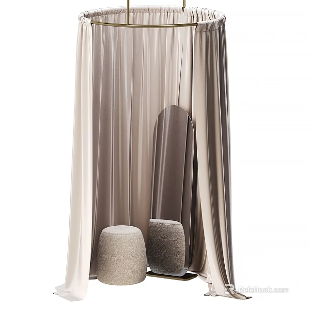 Soft Beige Brown Curtains With Round Plush Stools In Cozy Interior Design 3d model 