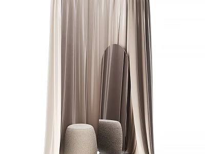 Soft Beige Brown Curtains With Round Plush Stools In Cozy Interior Design 3d model