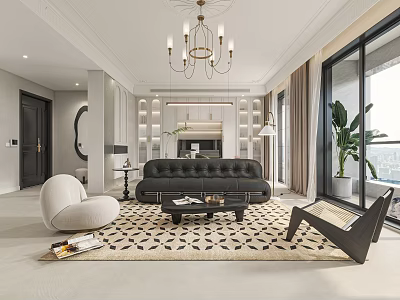 Modern Dining and Living Room Interior With Chandelier Sofa Rug and Floor to Ceiling Windows 3d model