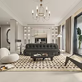 Modern Dining and Living Room Interior With Chandelier Sofa Rug and Floor to Ceiling Windows
