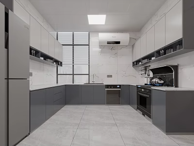Modern Minimalist Kitchen Interior With Gray Cabinets White Marble And Stainless Steel Appliances 3d model