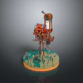 Steampunk Train Model with Intricate Mechanical Structure Green Base and Small Figures