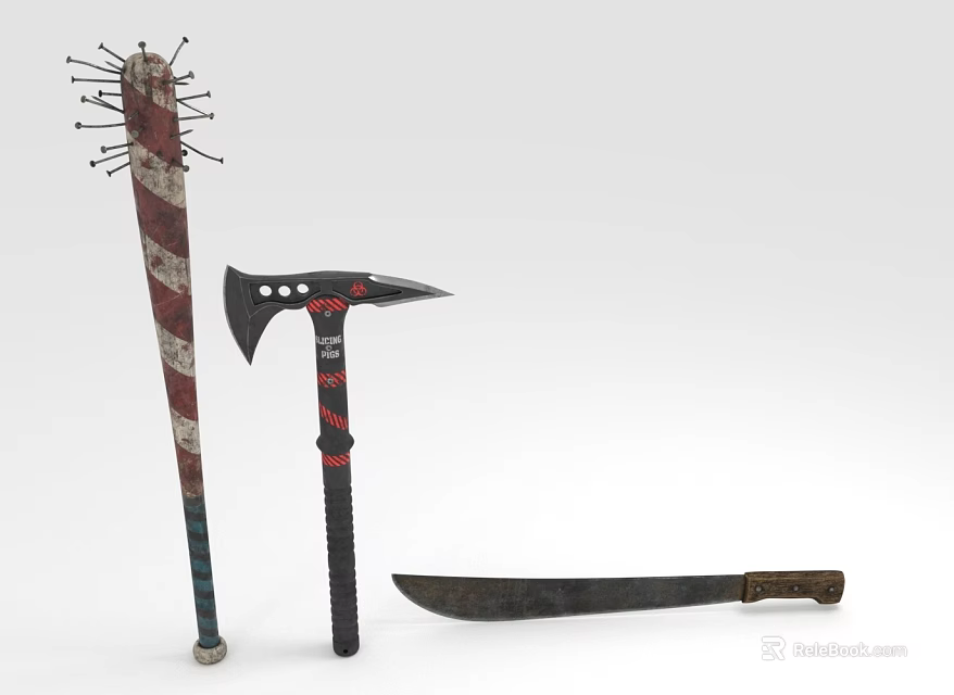 Wolf Themed Weapons Collection Including Club Axe And Knife With Decorative Designs 3d model 