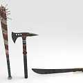 Wolf Themed Weapons Collection Including Club Axe And Knife With Decorative Designs