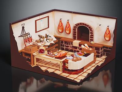Traditional Rustic Indoor Scene With Brick Oven Hanging Meat Cooking Utensils and Food on Table 3d model