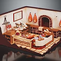 Traditional Rustic Indoor Scene With Brick Oven Hanging Meat Cooking Utensils and Food on Table