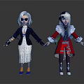 Two Cartoon Characters In Red Black Outfits With White Black Hair Holding Weapons