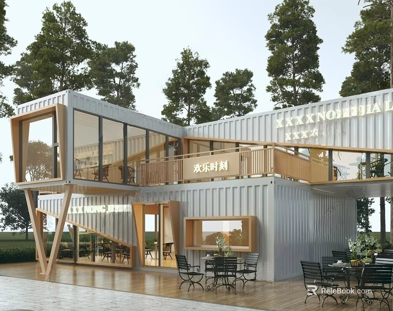Modern Two Story Container Building With Glass Walls Terrace And Outdoor Seating 3d model 