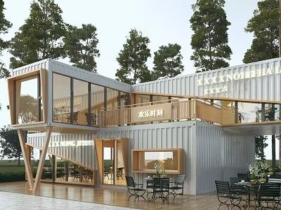Modern Two Story Container Building With Glass Walls Terrace And Outdoor Seating 3d model