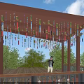 Garden Landscape Pergola Featuring Colorful Hanging Strips on Wooden Platform Surrounded by Green Trees