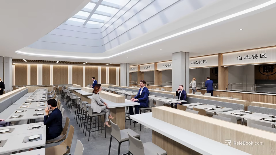 Modern Restaurant Interior With Skylight Wooden Tables And Spacious Seating Area 3d model 
