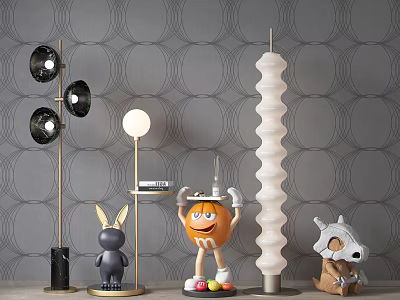 Stylish Floor Lamps With Spherical And Spiral Designs Alongside Cartoon Figurines On Gray Patterned Wall 3d model