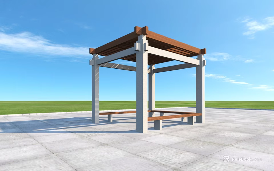 Outdoor Pergola With Wooden Roof White Columns And Benches In Paved Square 3d model 