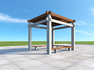 Outdoor Pergola With Wooden Roof White Columns And Benches In Paved Square 3d model