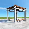 Outdoor Pergola With Wooden Roof White Columns And Benches In Paved Square