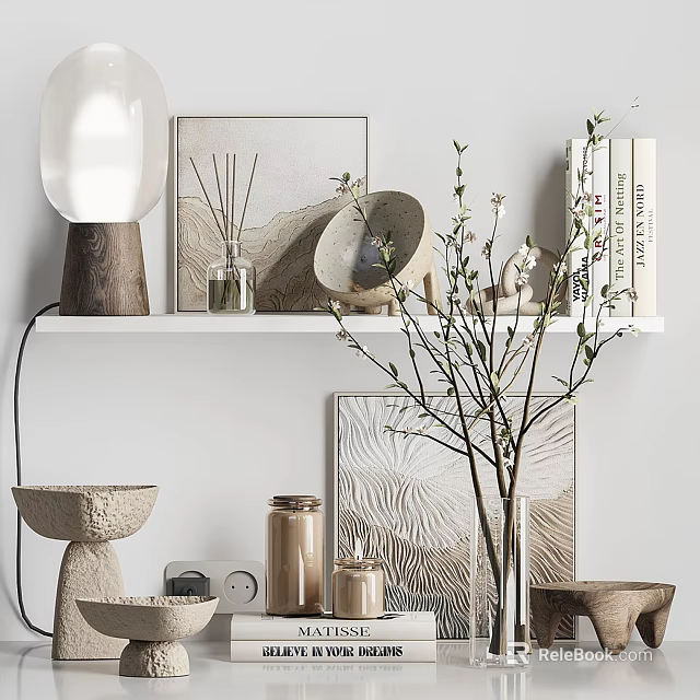 Modern Decorative Ornaments Set With Branches Jars Framed Art And Bowl Decor On White Shelf 3d model 