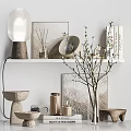 Modern Decorative Ornaments Set With Branches Jars Framed Art And Bowl Decor On White Shelf