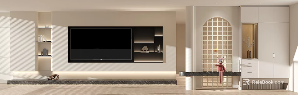Modern TV Wall With Integrated TV And Illuminated Shelves 3d model 