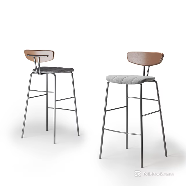 Modern Design Bar Stools With Wooden Backrest Gray Seat Cushion And Metal Legs 3d model 