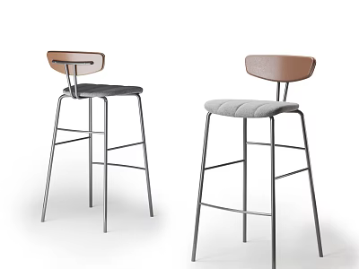Modern Design Bar Stools With Wooden Backrest Gray Seat Cushion And Metal Legs 3d model