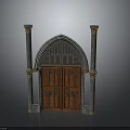 Gothic Architectural Structure With Arched Top Brown Wooden Doors Gray Columns And Golden Decorations