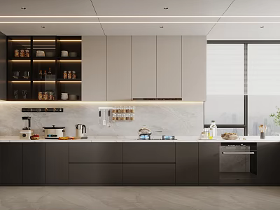 Modern Kitchen Interior Design With Gray White Cabinets Marble Countertop Appliances And Large Window 3d model