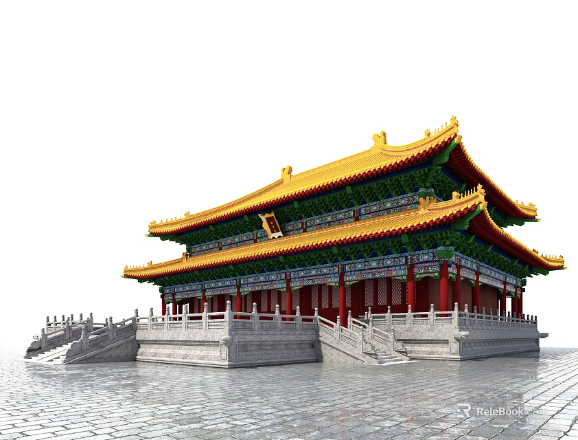 Traditional Chinese Ancient Architecture Featuring Yellow Roof Red Pillars Green Decorations And Stone Platform Steps 3d model 
