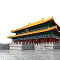Traditional Chinese Ancient Architecture Featuring Yellow Roof Red Pillars Green Decorations And Stone Platform Steps