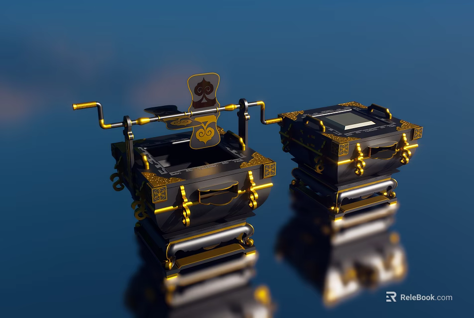 Ornate Black And Gold Landscape Sculptures With Square Structures And Top Emblem 3d model 