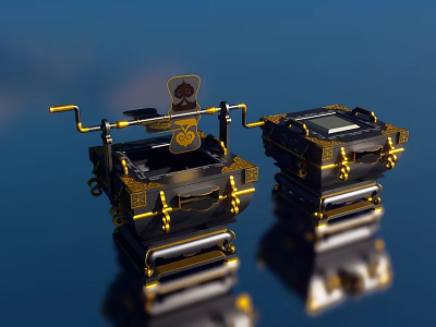 Ornate Black And Gold Landscape Sculptures With Square Structures And Top Emblem 3d model