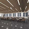 Modern Canteen Interior With Organized Tables Chairs And Ceiling Lights 3d model