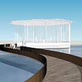 Curved Wooden Walkway Leading To Circular Waterfront Structure With Grid Roof